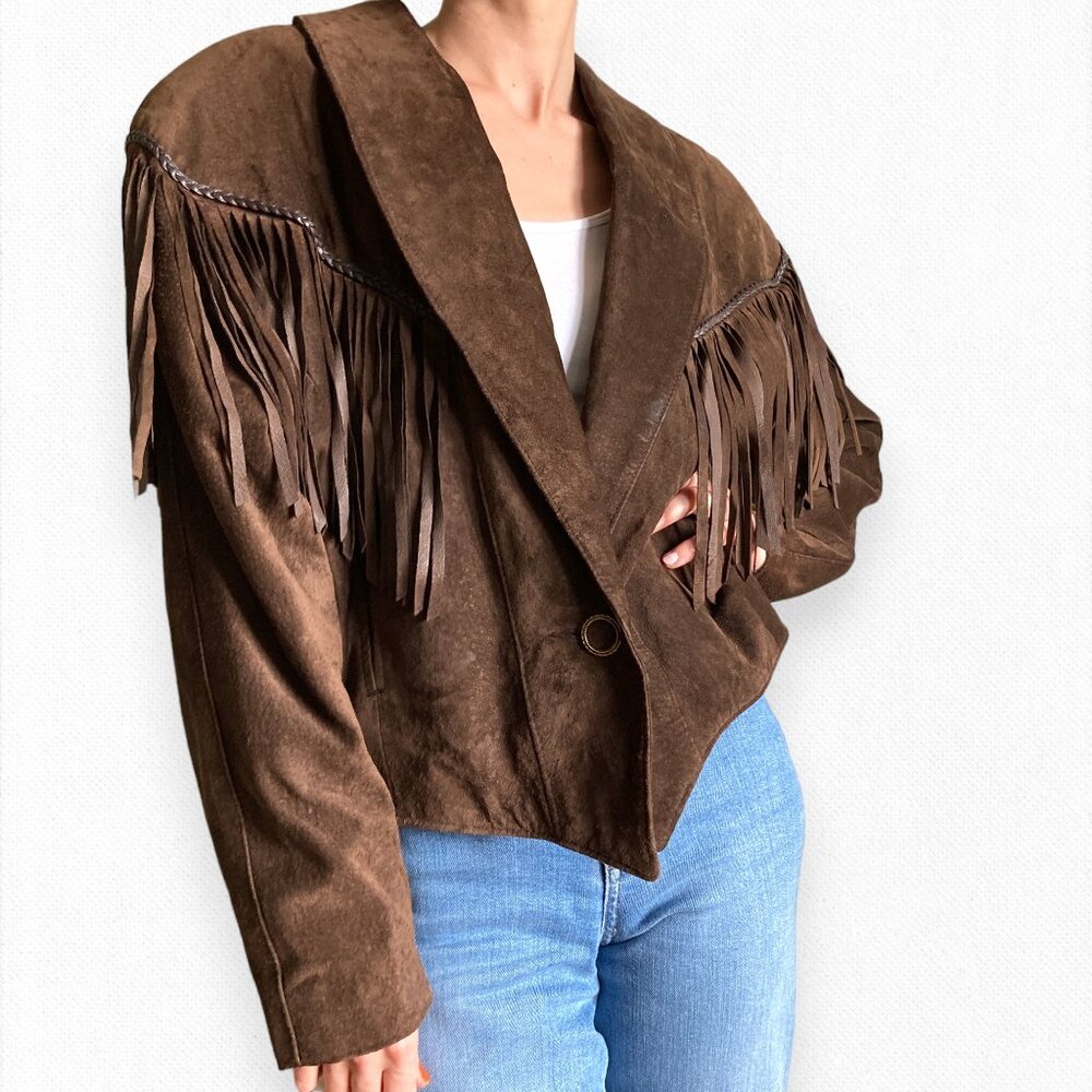 Vintage Leather Western Fringe Jacket Brown Cowgirl Cowboy Suede Size Medium
